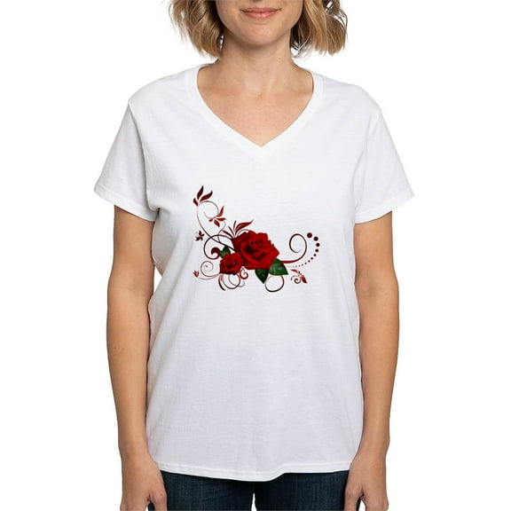 CafePress - Red Roses Women's V Neck T Shirt - Womens Cotton V-Neck T-shirt