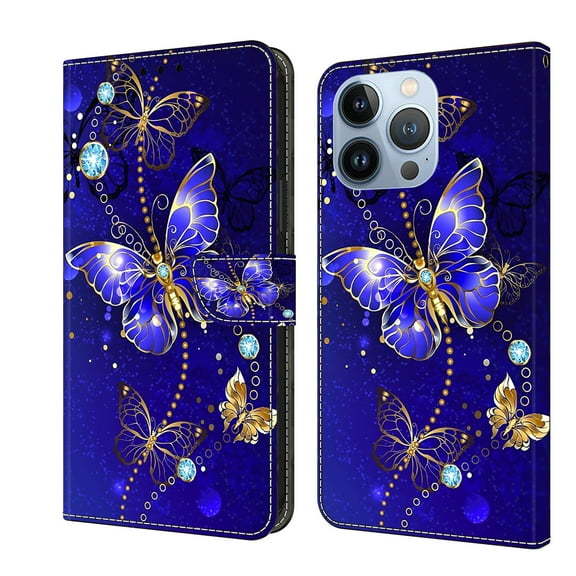 Feishell for iPhone 14 Pro Max 6.7 inch Slim Wallet Case with Fashion Colorful Pattern Painted,Luxury PU Leather Magnetic Flip Stand Card Slots Pocket Phone Case,Diamond Butterflies