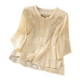 thumbnail image 1 of Top de lino bordado con temperamento femenino para mujer - Manga media, botones retro, blusa informal de verano, 1 of 4