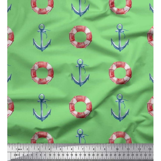 Soimoi Green polyester Crepe Fabric Life Ring & Anchor Hook Nautical Decor Fabric Printed Yard 42 Inch Wide