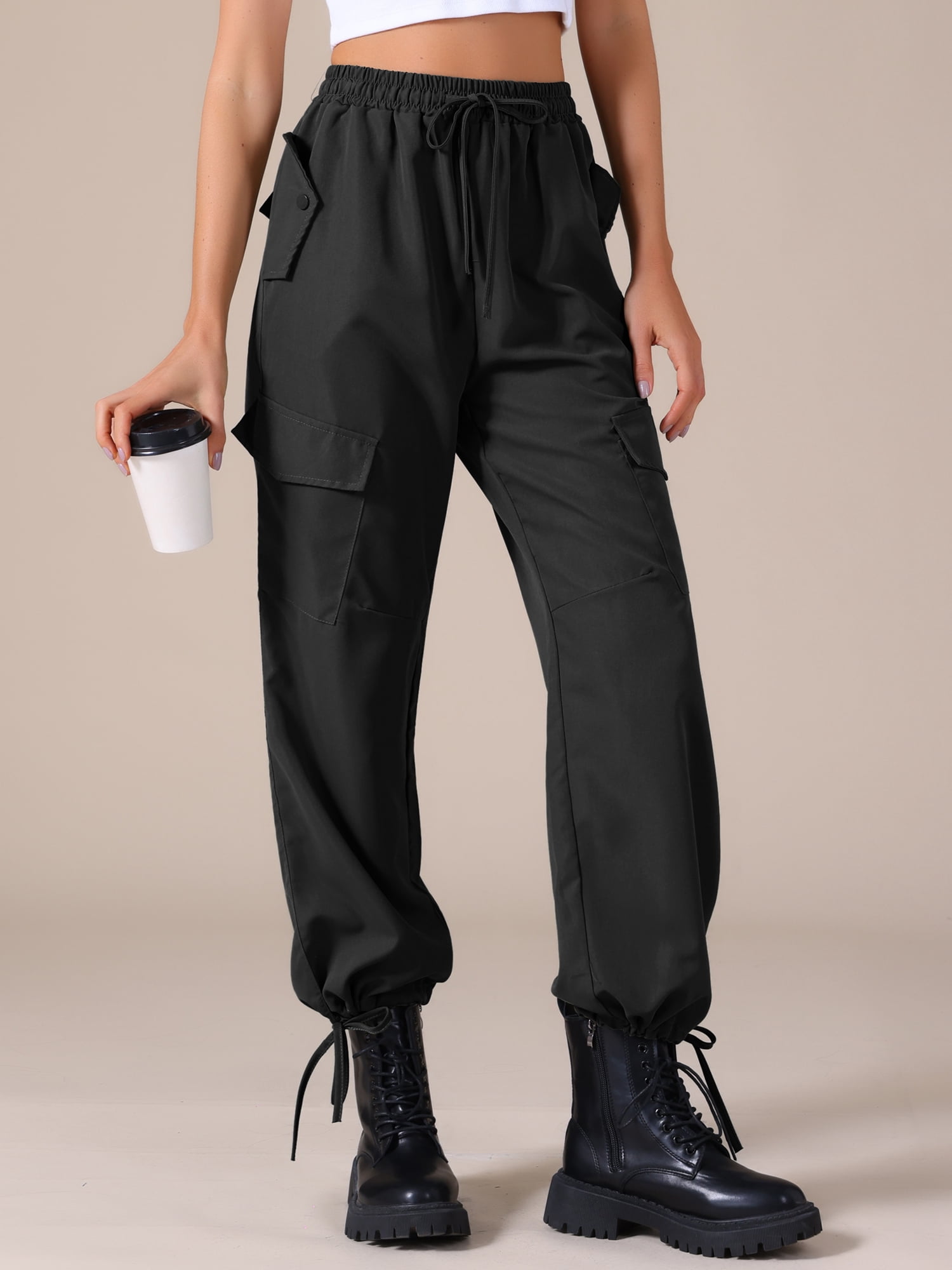 DARING DIVA Women's Cargo Pants with Pockets Casual Trousers Large Black