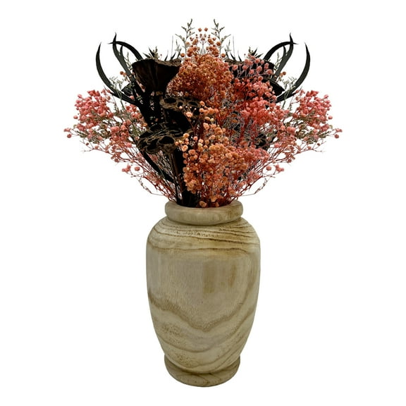 Set of Decorative Wood Vase in Brown with Real Preserved Mixed Bouquets