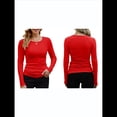 thumbnail image 2 of Camisetas Básicas Ajustadas Informales de Cuello Redondo y Larga Acanaladas para Mujer Rojo M, 2 of 6