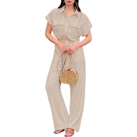 Women'S Short Sleeve Jumpsuit with Waist Tie for All-Day Comfort and Style Light Khaki S