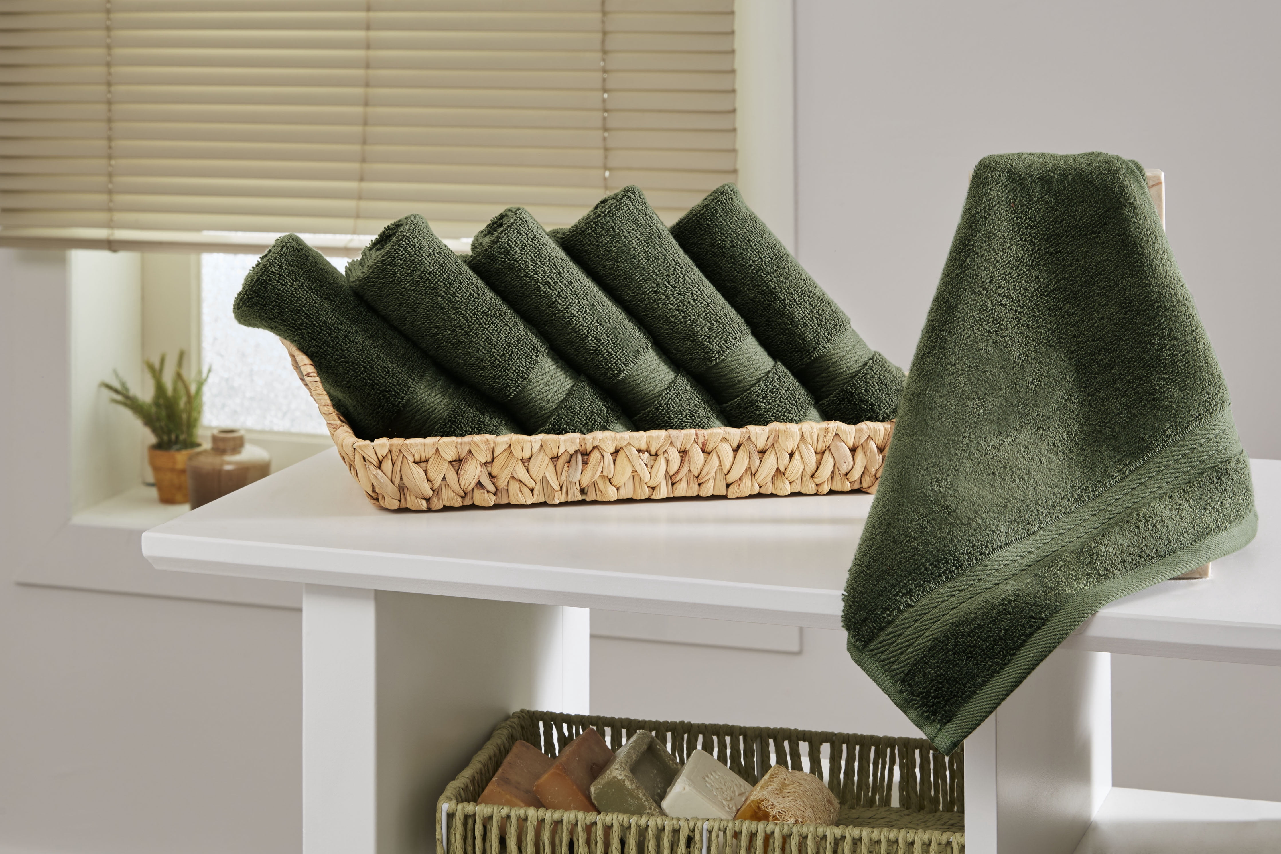 Ozdilek 6-Piece Washcloth Set 13x13 Bath Towels 100% Turkish Cotton, 600 GSM, Soft, Gentle on Sensitive Skin, Multi-Purpose Use, Washable, Reusable, Ideal for Baby Care & Spa 6 Towels (Fern Green)