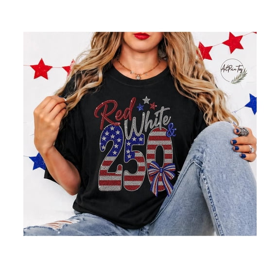 Red White and 250 Faux Rhinestone T-Shirt Patriotic USA Independence Day Shirt, Sparkle American Flag 4th of July Women Graphic Tee