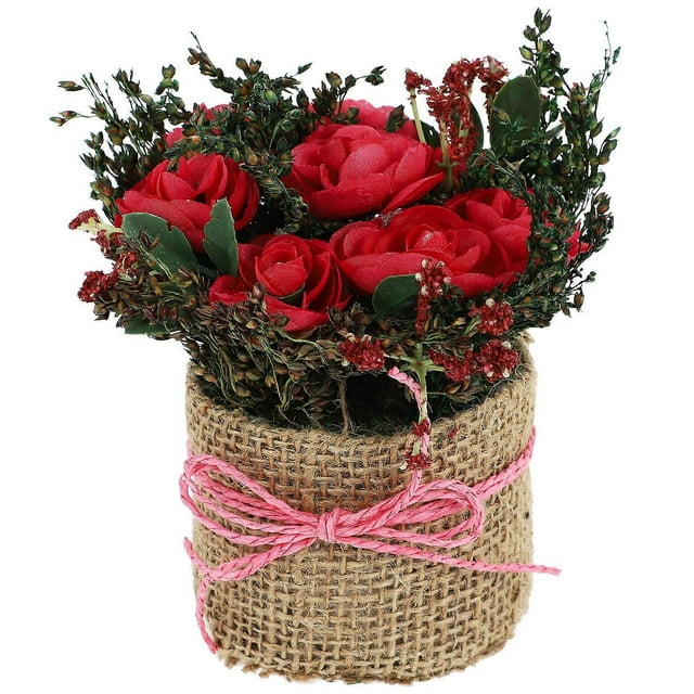 Rosy Silk Flower Bonsai with Linen for Home Decor without Water 10.5 Inches