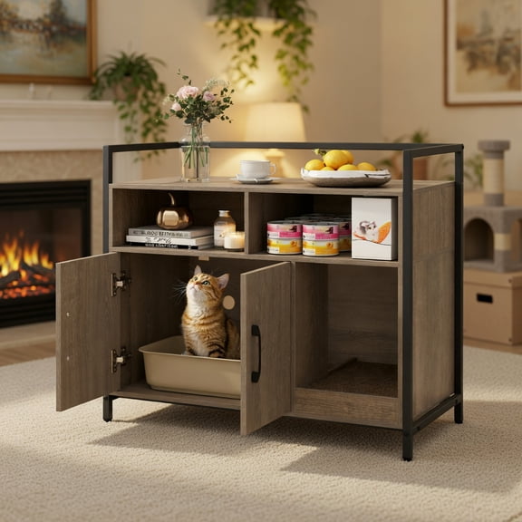 Resenkos Hidden Cat Litter Box Cabinet with Double Doors and Scratch Cardboard, Oak
