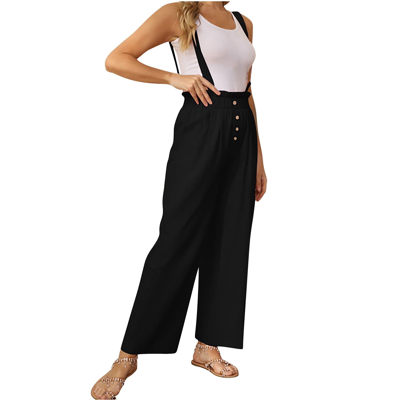 AherBiu Womens Suspenders Pants Elastic High Waisted Wide Leg