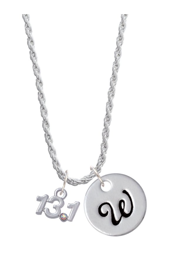 Silvertone Half Marathon - 13.1 with Clear AB Crystal Silvertone Script Initial Disc - W - Charm Necklace, 20"+3"