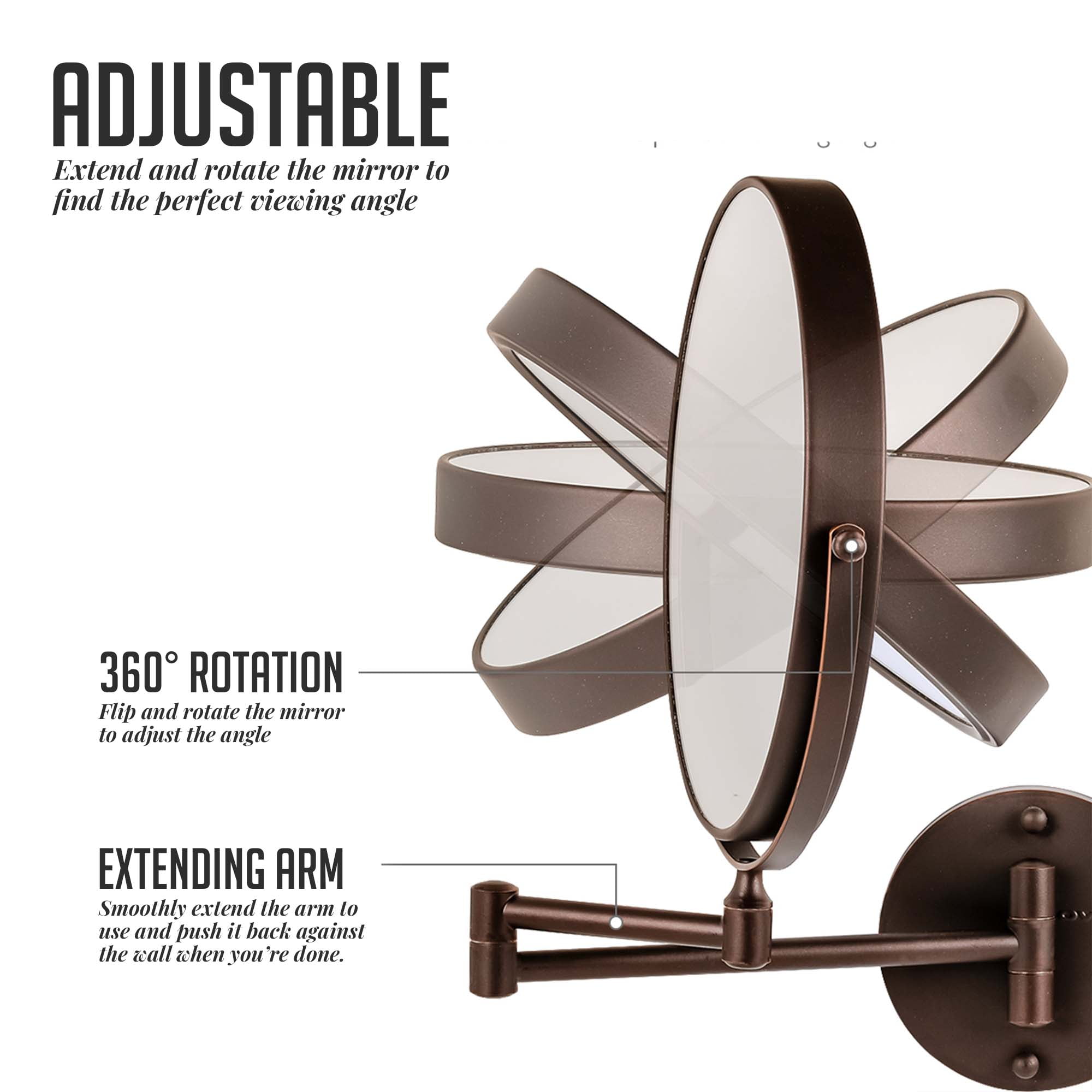 OVENTE 9" Wall Mount Makeup Mirror - Two-Sided with Adjustable Magnification and Folding Arm MNLFW90ABZ1X7X