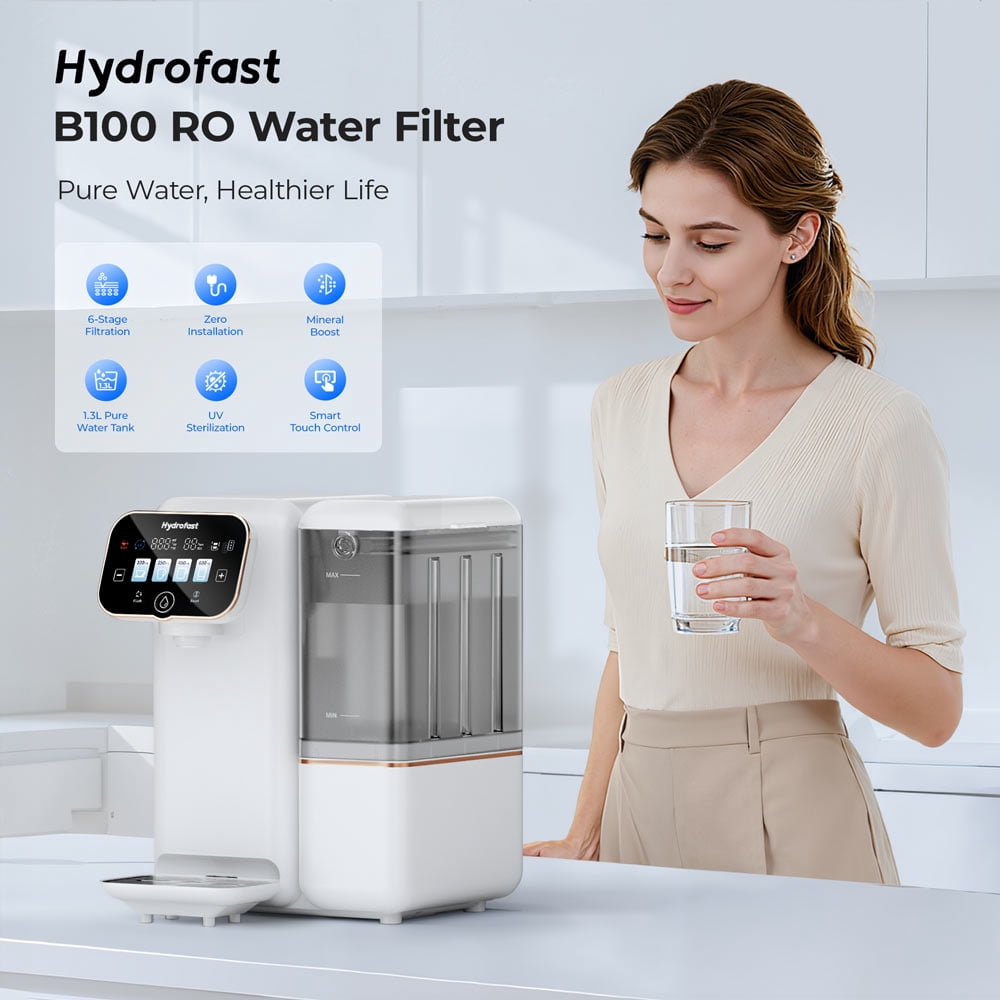Hydrofast B100 Countertop Water Purifier, Room Temperature, 6-Stage Filtration, No Installation, Smart Touchscreen, Large Capacity Water Tank, 3:1 Pure to Drain Ratio, White