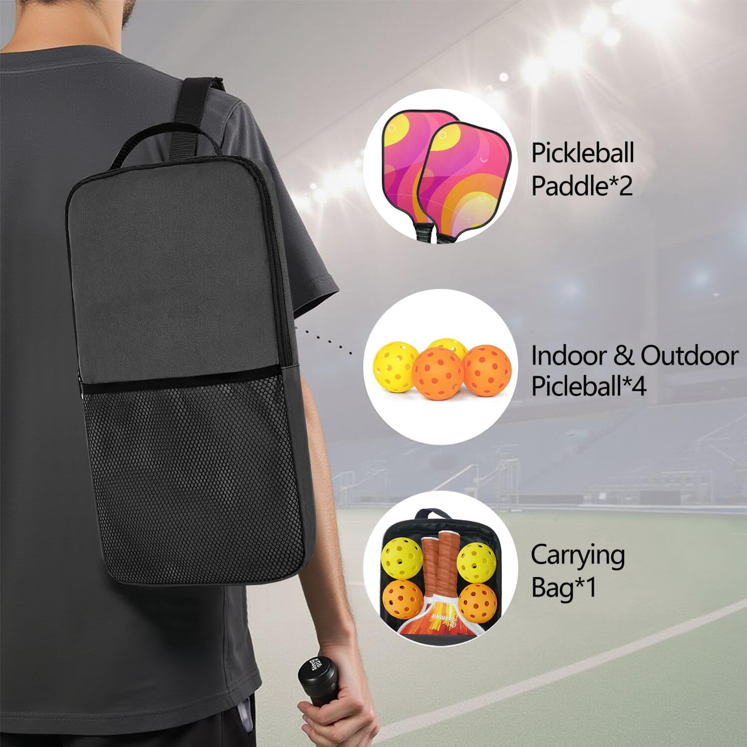 Pickleball Paddles Set Of 2, Fiberglass Surface, Neon Fluid Print, 4 Balls & Bag