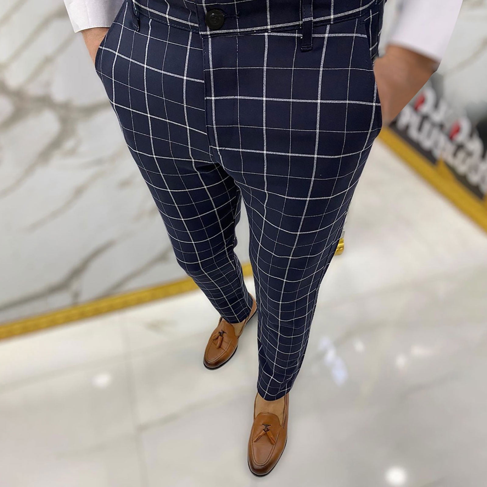 Men's Plaid Dress Pants Casual Slim Fit Flat Front Business Checked Trousers Skinny Pencil Long Pants Party Stretch Pants 