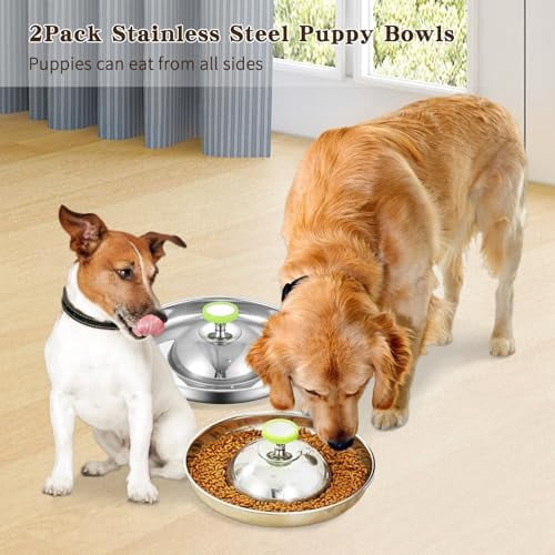 2Pack Stainless Steel Puppy Bowls, Pet Weaning Feeding Dish with Scoop for Litters Pets Silver Dog Food and Water Slow Feeder Bowl with Handle Container for Dogs Cats (M:11.8" Dia, 5¼ Cups)