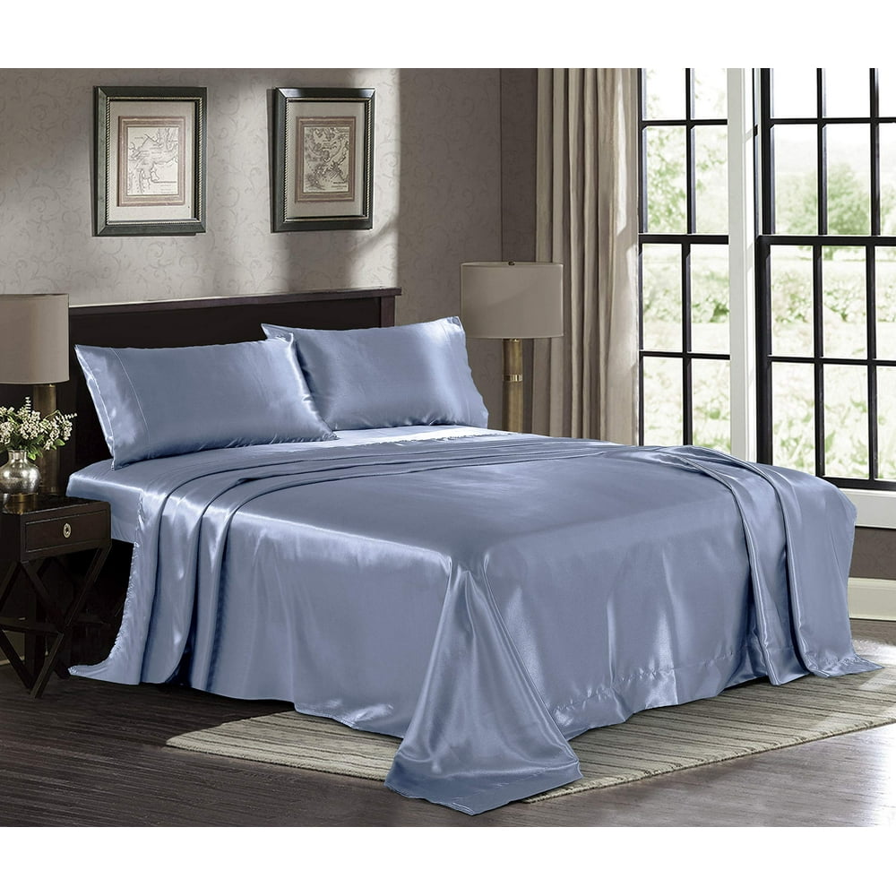 Satin Sheets Queen 4 Piece Skyblue Hotel Luxury Silky Bed Sheets