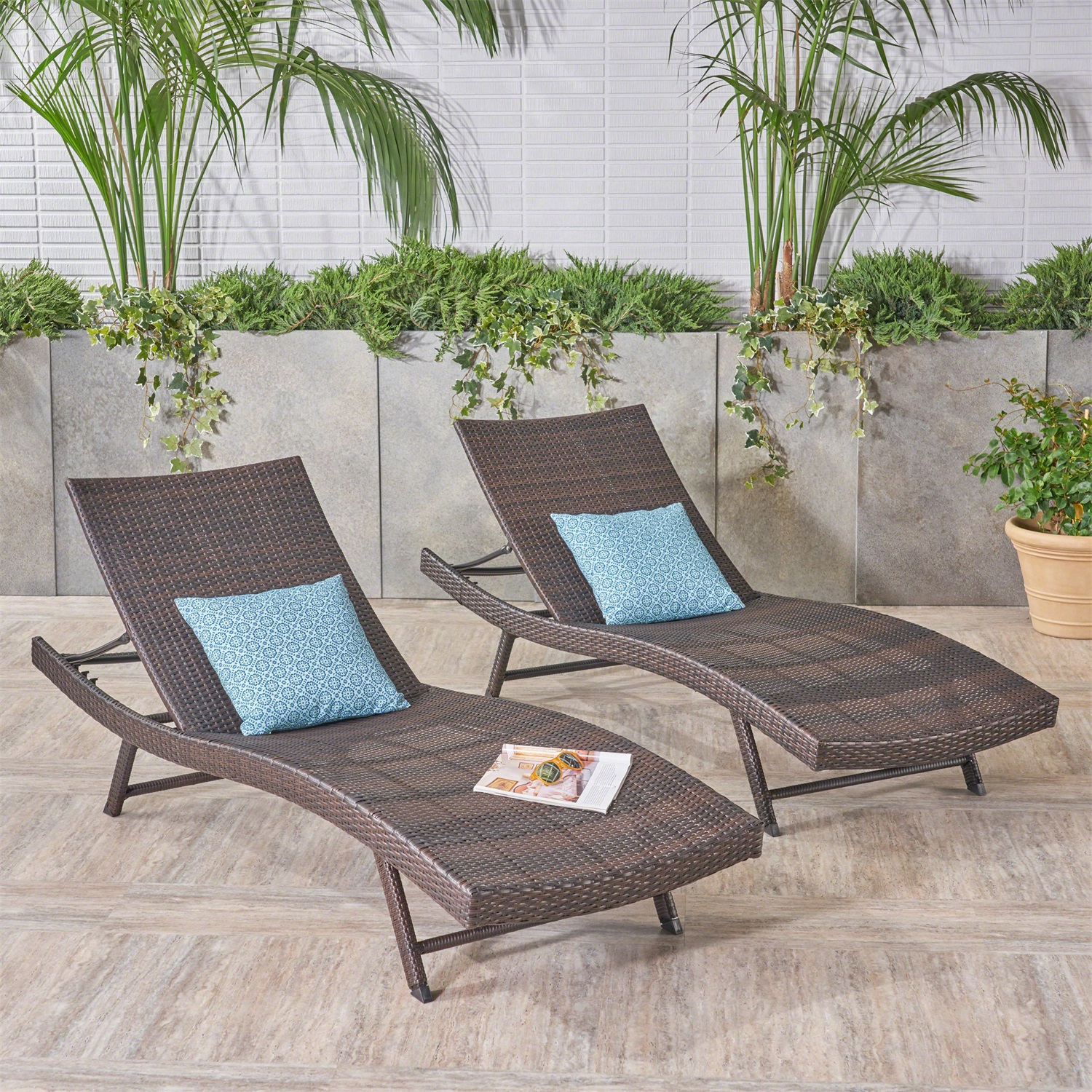 Canddidliike Set of 2 Rattan Patio Chaise Lounges, Outdoor Wicker Reclining Lounge Chairs with Adjustable - Brown - image 2 of 10