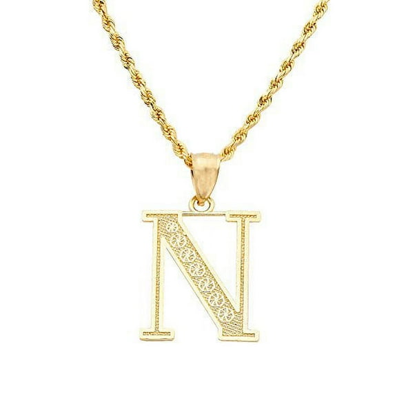 LOVEBLING 10K Yellow Gold Diamond Cut A to Z Alphabet Initial Letter Charm Necklace Pendant (Small) (N) (0.78")