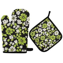 Yayeee Oven Mitts and Pot Holder Set of 4 Heat Resistant Kitchen Gloves Baking Hot Pad, Green Flower Pattern