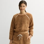 Juniors' madden girl Sherpa Raglan Bubble Top Color: Macroon Size: SMALL