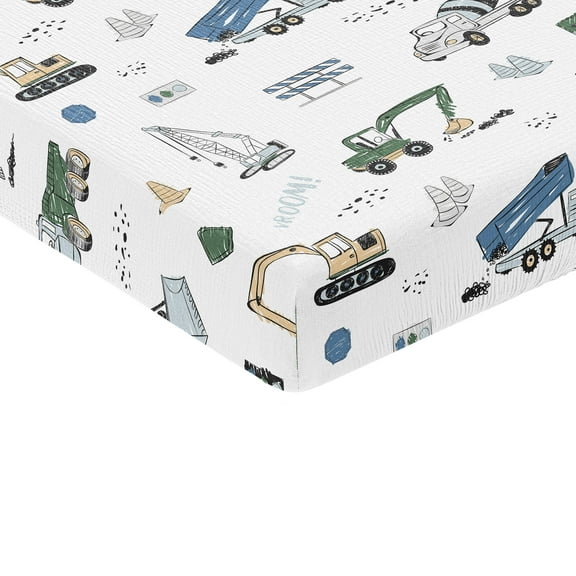 Sweet Jojo Designs Construction Truck Green and Blue Boy 100% Cotton Muslin Fitted Crib Sheet