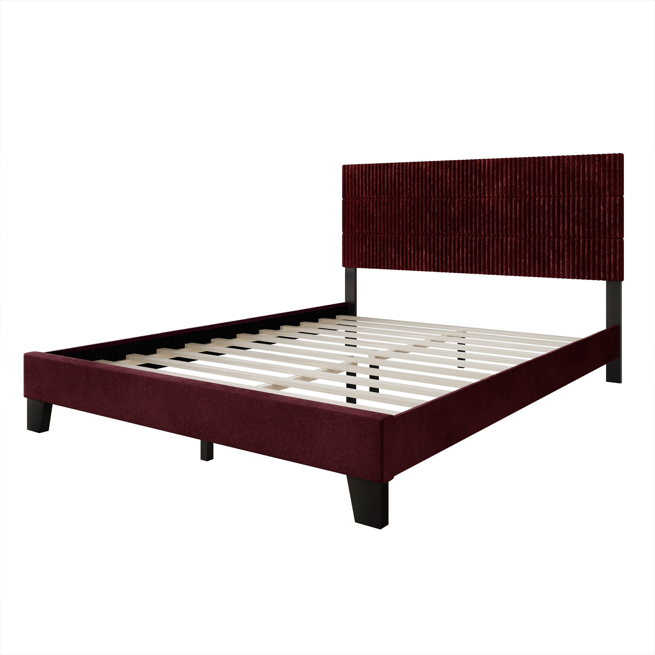 Castle Place Contemporary Corduroy Pleated Velvet Upholstered Queen Platform Bed, Red