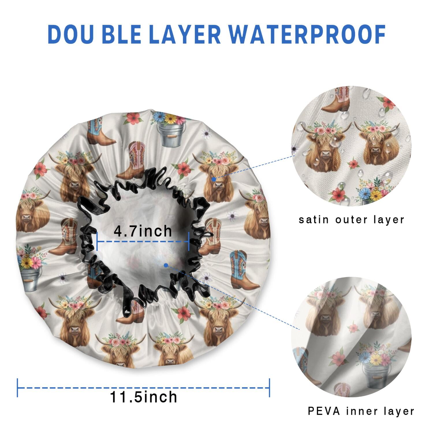 Shower Caps,Beige Highland Cow Boot Flower Pattern Waterproof Shower Cap for Women 4 Pieces,Double Reusable Hair Cover for Shower PEVA Elastic Stretch Hem