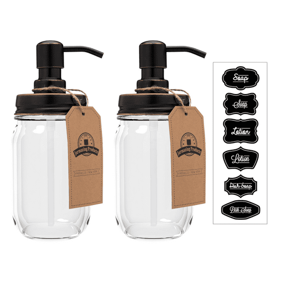 Jarmazing Products Mason Jar Soap Dispenser - Oil-Rubbed Bronze - With 16 Ounce Clear Mason Jar - Two Pack