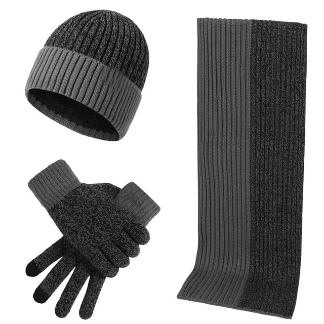 WEAIXIMIUNG Fingerless Gloves for Men Woolen Hat Set Matching Color Knitted Hat Thick Scarf Gloves Three Piece Set