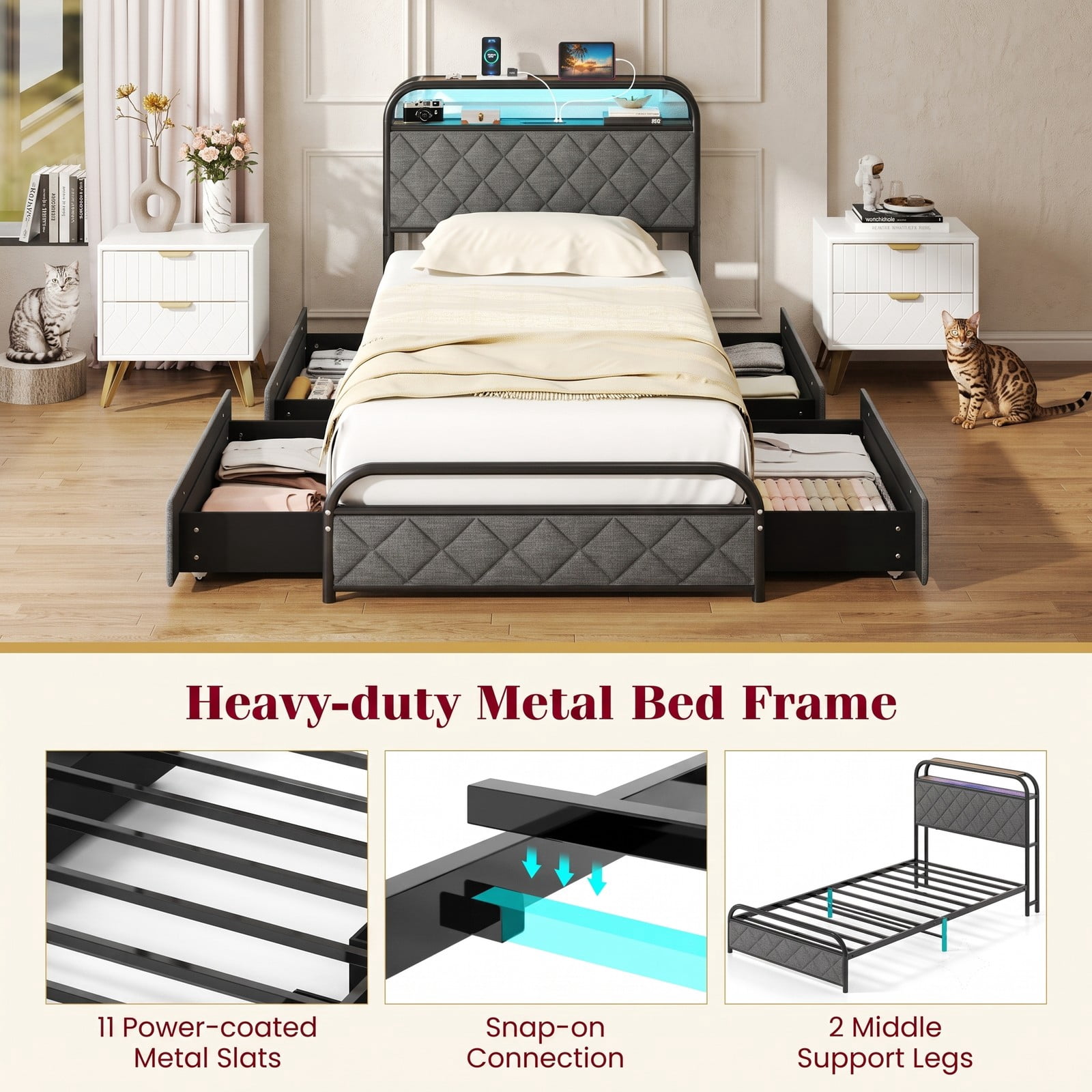 Furnibear Twin Bed Frame Upholstered Platform Bed with Headboard, LED Lights, USB Charging Station and 4 Storage Drawers, Gray