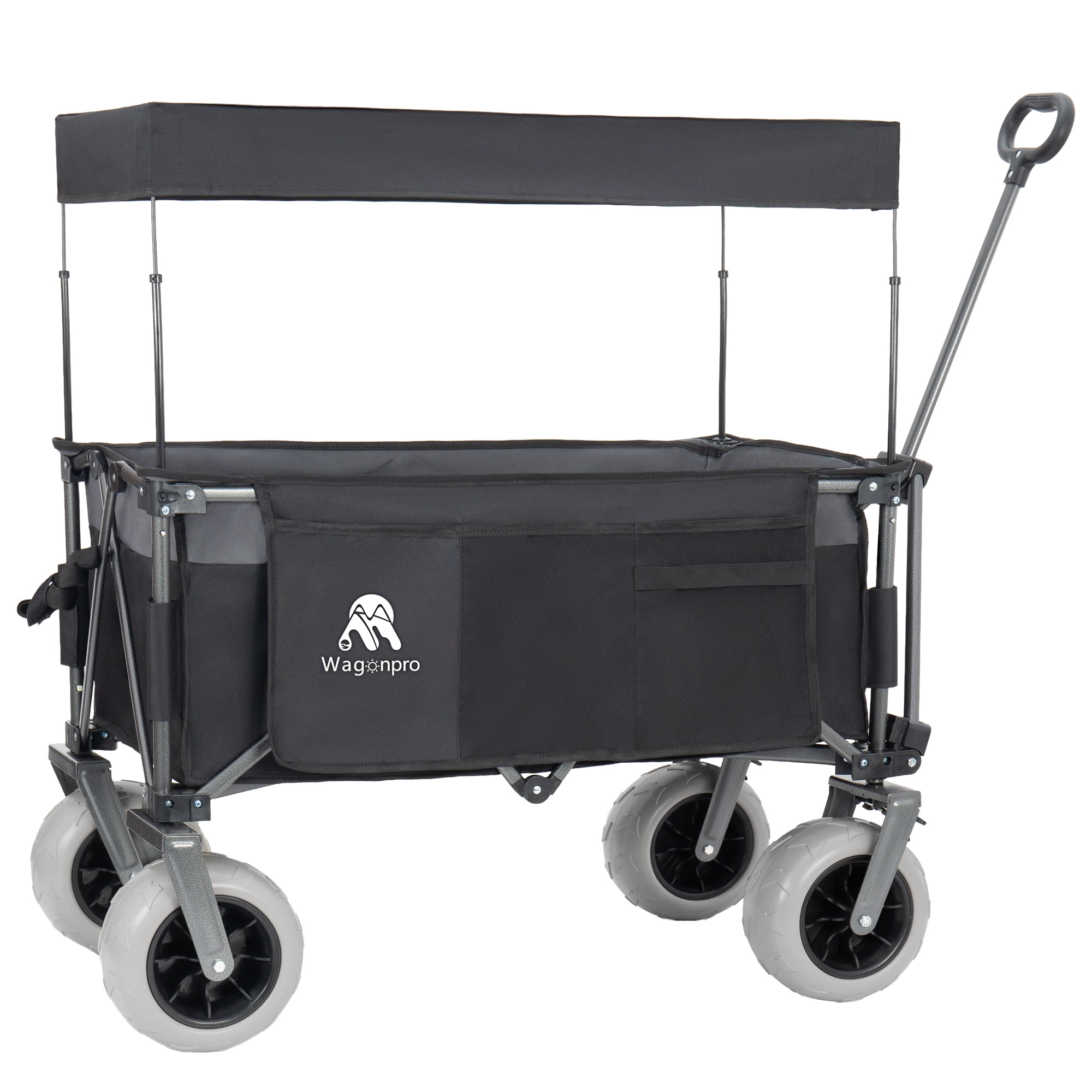 Foldable Utility Wagon with Removable Awning Canopy, 9" All-Terrain Balloon Wheels, 480LBS 120L Heavy Duty Beach Cart Adjustable Handle for Camping Shopping Outdoor Use
