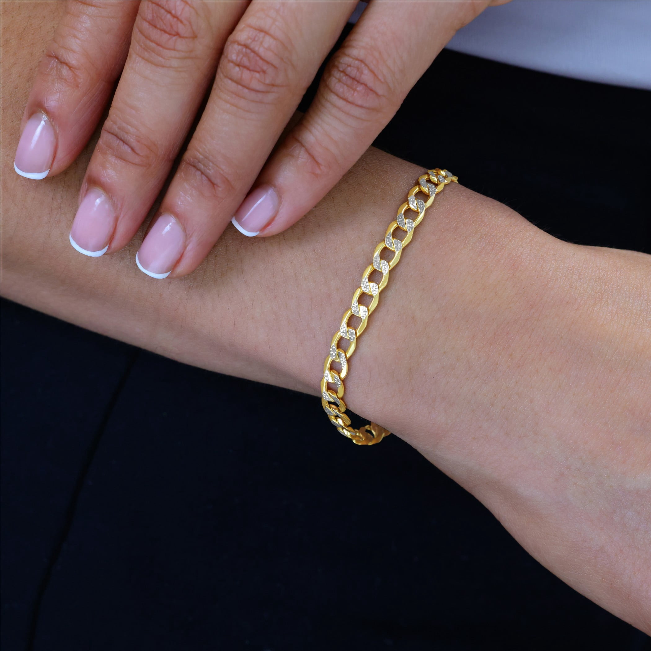 Nuragold 10k Real Yellow Gold Cuban Curb Link 5.5mm Diamond Cut Pave Chain Bracelet (7"-9") Two Tone Italian Jewelry for Men & Women