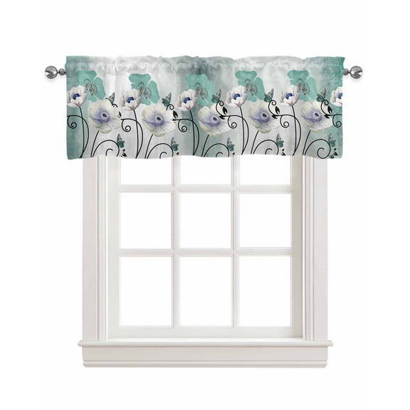 Teal White Spring Floral Linen Curtain Valance for Bedroom/Bathroom/Kitchen/Office/Living/Dining Room Window,Summer Butterfly Teal Ombre Rod Pocket Topper Decorative Cafe Drapes Panel 42"x12"
