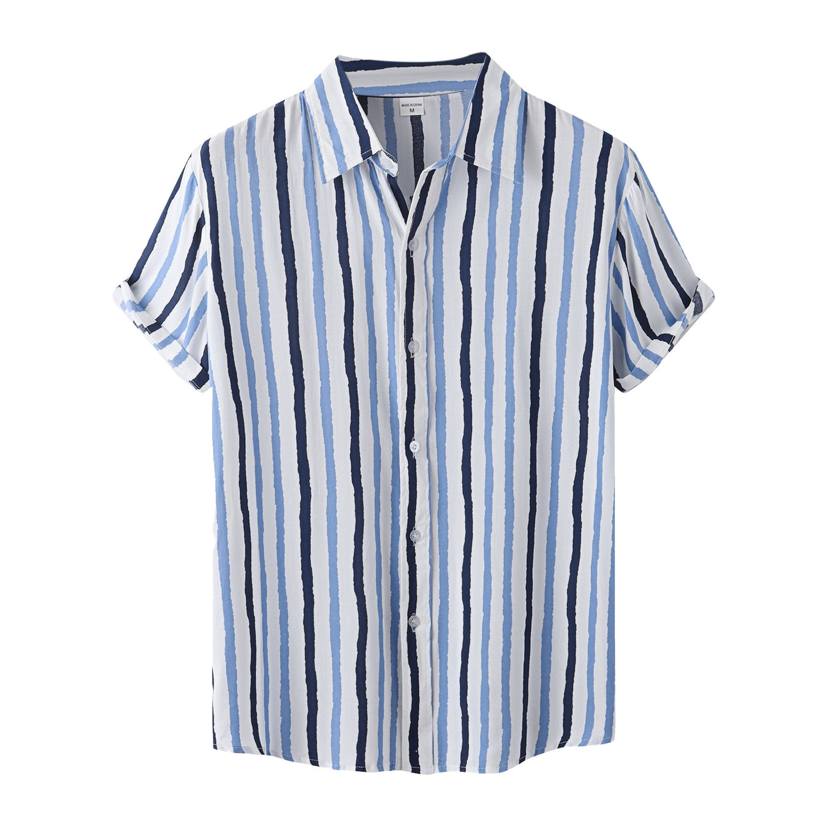 KaLI_store Men's Dress Shirts Men's Button Up Short Sleeve Cat Print  Beachwear Striped Pocket Hawaiian Shirt Casual Collar Top Blue,XXL