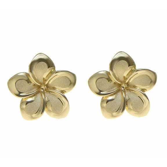 14K solid yellow gold Hawaiian 13mm plumeria flower stud post earrings