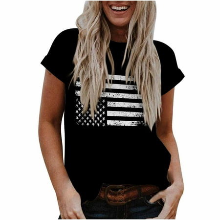 

womens summer tops 2023 Women s Tops Fashion Casual Loose Blouse Independence Day Flag Printing Round Neck T-Shirt Shirts Blouse Print Tee Short Sleeve Oversized T Shirts for Women Black XXL