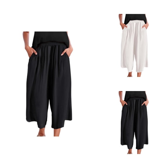 Palazzo Capri Pants for Women Lightweight Cotton Linen Elastic Waist Loose Fit Flowy Cropped Pants with Pockets