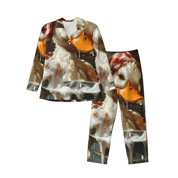 Fotbe Cartoon Scottish Duck Pijama de Hombre con Estampado de Manga Larga, Conjunto de 2 Piezas, Ropa de Dormir Suave y Cómoda con Bolsillos-Small