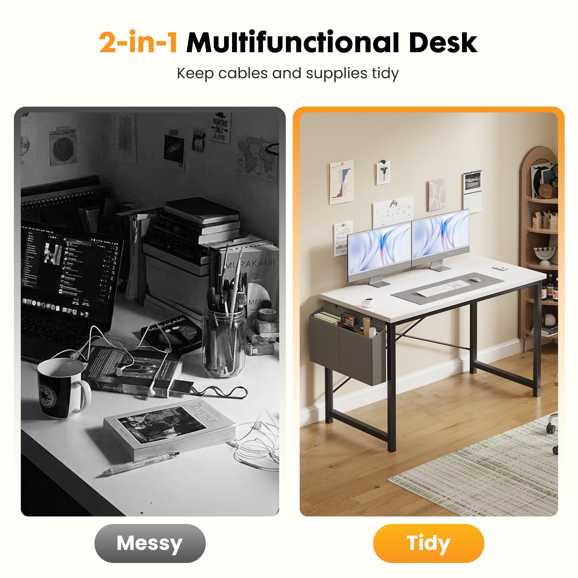 EDX 47" Computer Desk with Metal Frame, Scratch-Resistant Surface & Side Storage Bag – Modern Office Desk, White