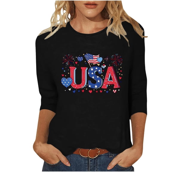 BaoFuBaoMei Patriotic Shirts for Women Long Sleeve American Flag Graphic T Shirts Plus Size Crew Tops Summer Fashion Independence Day Tees S-5xl