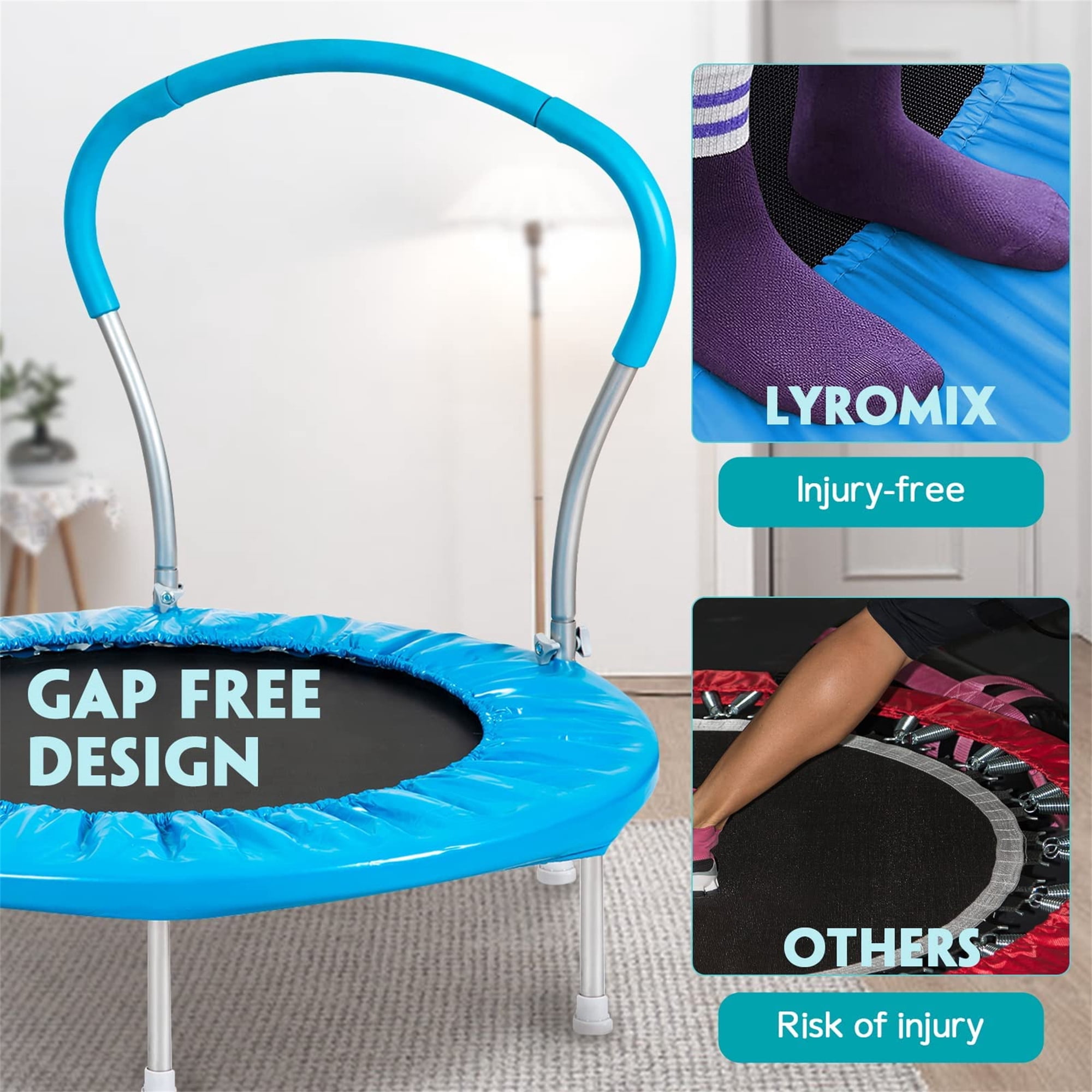 36" Kids Trampoline with Handlebar, 220LBS Weight Capacity, Recreational Toddler Trampolines with Metal Springs and Stable Six Legs, Easy Assembly, Round Trampoline for Kids Indoor Outdoor, Blue