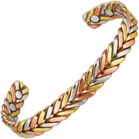 MetalJC Tricolor Gold-Plated Woven Magnetic Copper Cuff Bracelet for Men Women, Copper Jewelry Gift for Mom Wife Grandma