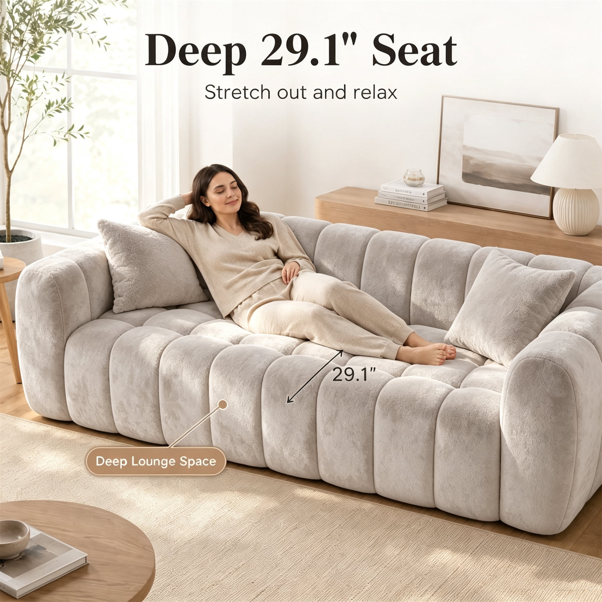 Aukfa 103" Oversized Boucle Cloud Sofa Deep Seat Boneless Couch with Square Tufted for Living Room, 2Pillows, Camel