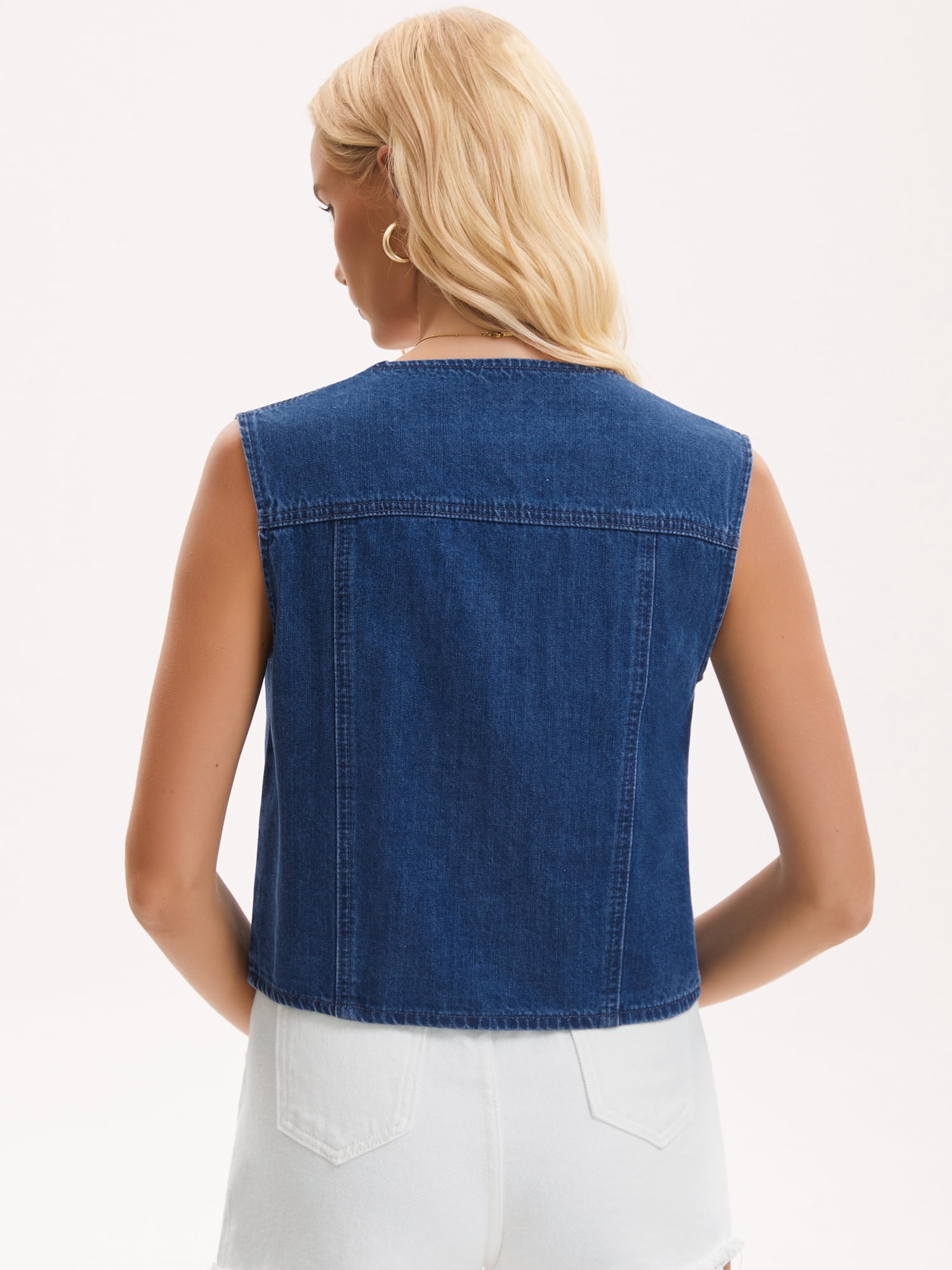 DARING DIVA Women's V Neck Button Up Sleeveless Cropped Denim Vest M Dark Blue