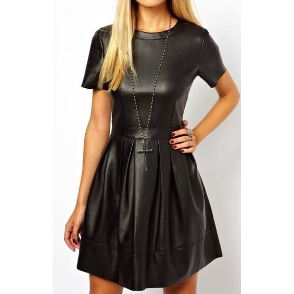 100% Lambskin Leather Beautifully Designed Stylish Black Color Partywear Dress For Women