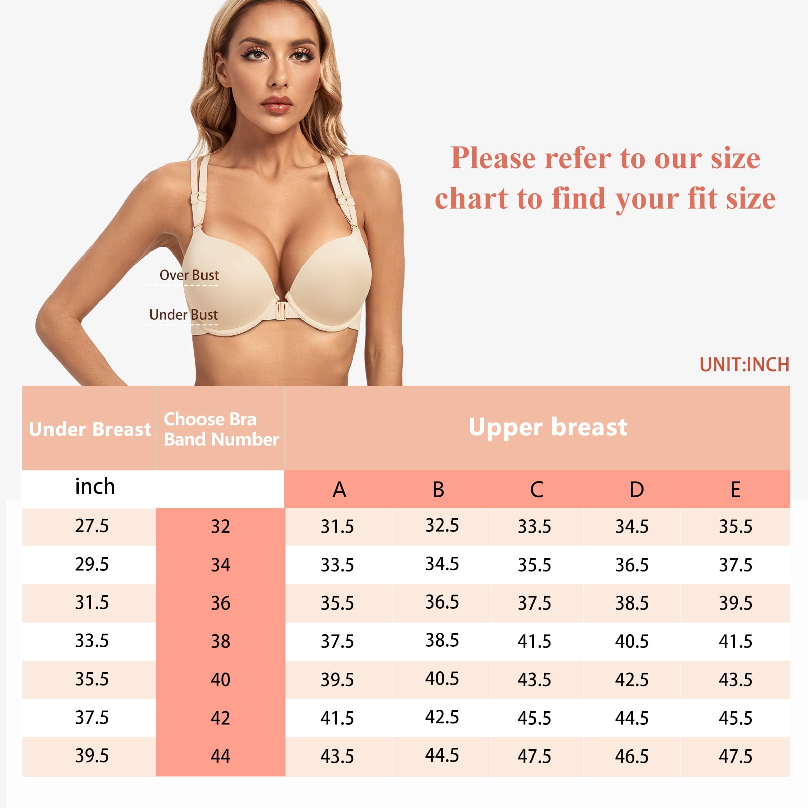 YANDW Front Closure Push-up Bra Strappy Thick Padded Cross Back Add 2 Cup Plunge Underwire Bras 38A, Beige