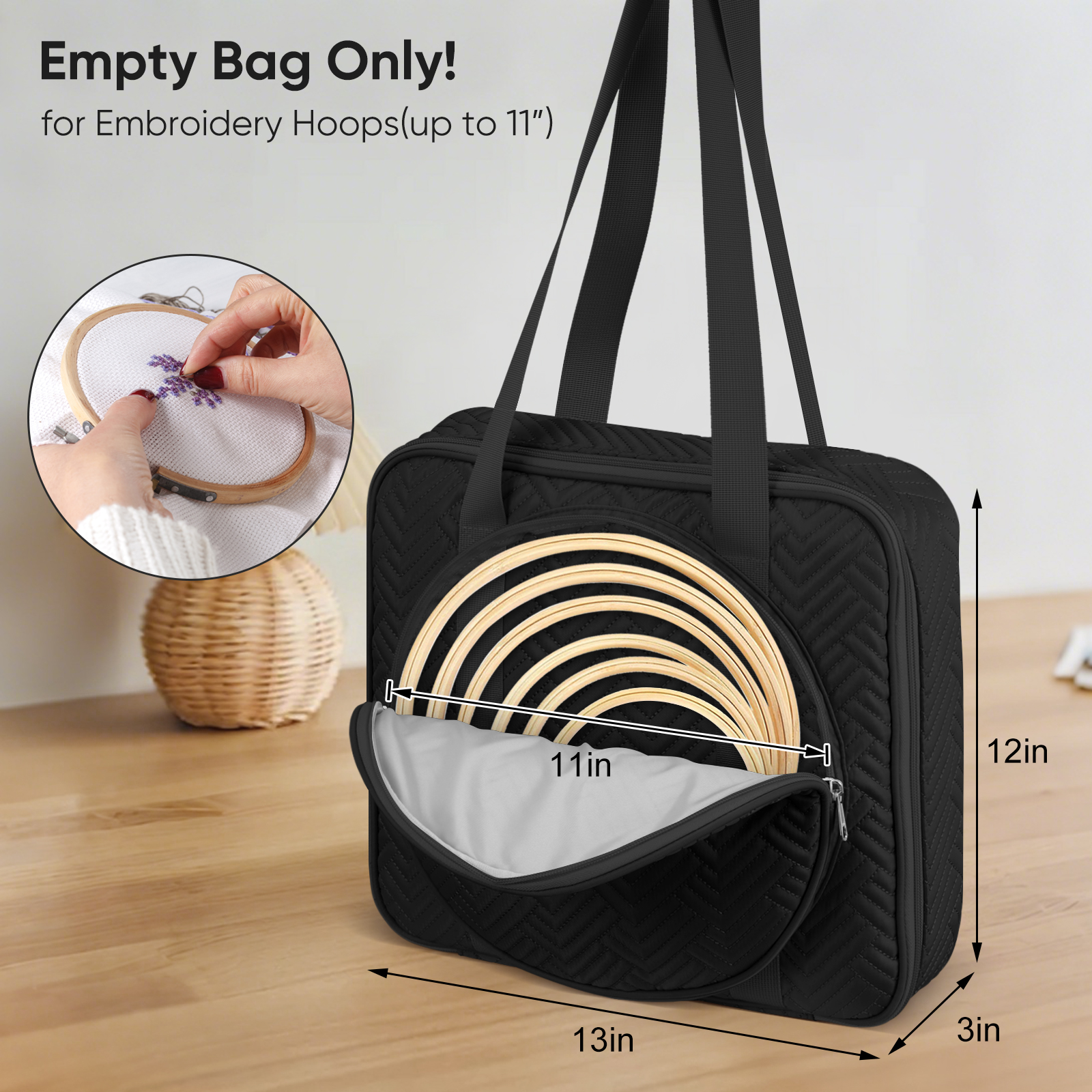 FINPAC Embroidery Bag, Cross Stitch Storage, Square Quilted Tote Organizer with Multiple Pockets for Floss, Hoops, Thread, Stitch Tools Kit [Bag Only], Black
