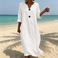 thumbnail image 2 of Levmjia Women's Solid Color Midi Dress Casual V Neck 3/4 Sleeve Button Down Shirt Dress with Big Buttons Rolled Cuffs Loose Fit A Line Flare Swing Dress for Summer, 2 of 6