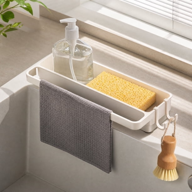 MTBLYS Estante para trapos de cocina|Organizador de pared para fregadero con bandeja de drenaje para secar paños|Organizador de plástico sin perforaciones para artículos de limpieza