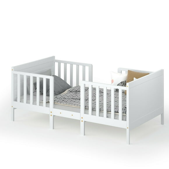 Gymax 2-in-1 Convertible Toddler Bed Kids Wooden Bedroom Furniture w/Guardrails White